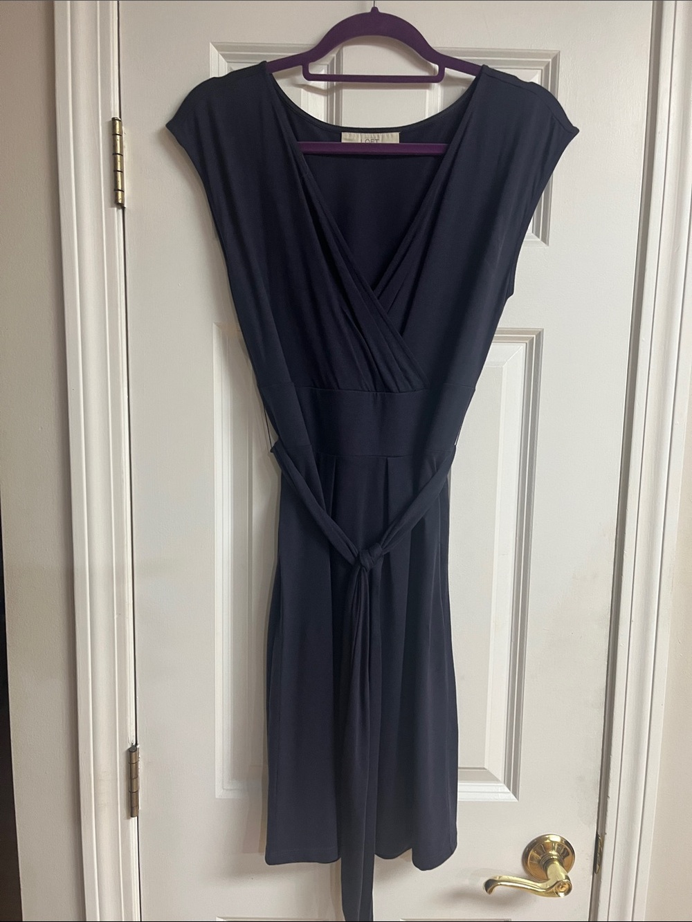 LOFT Black Cap-Sleeve Faux-Wrap Dress